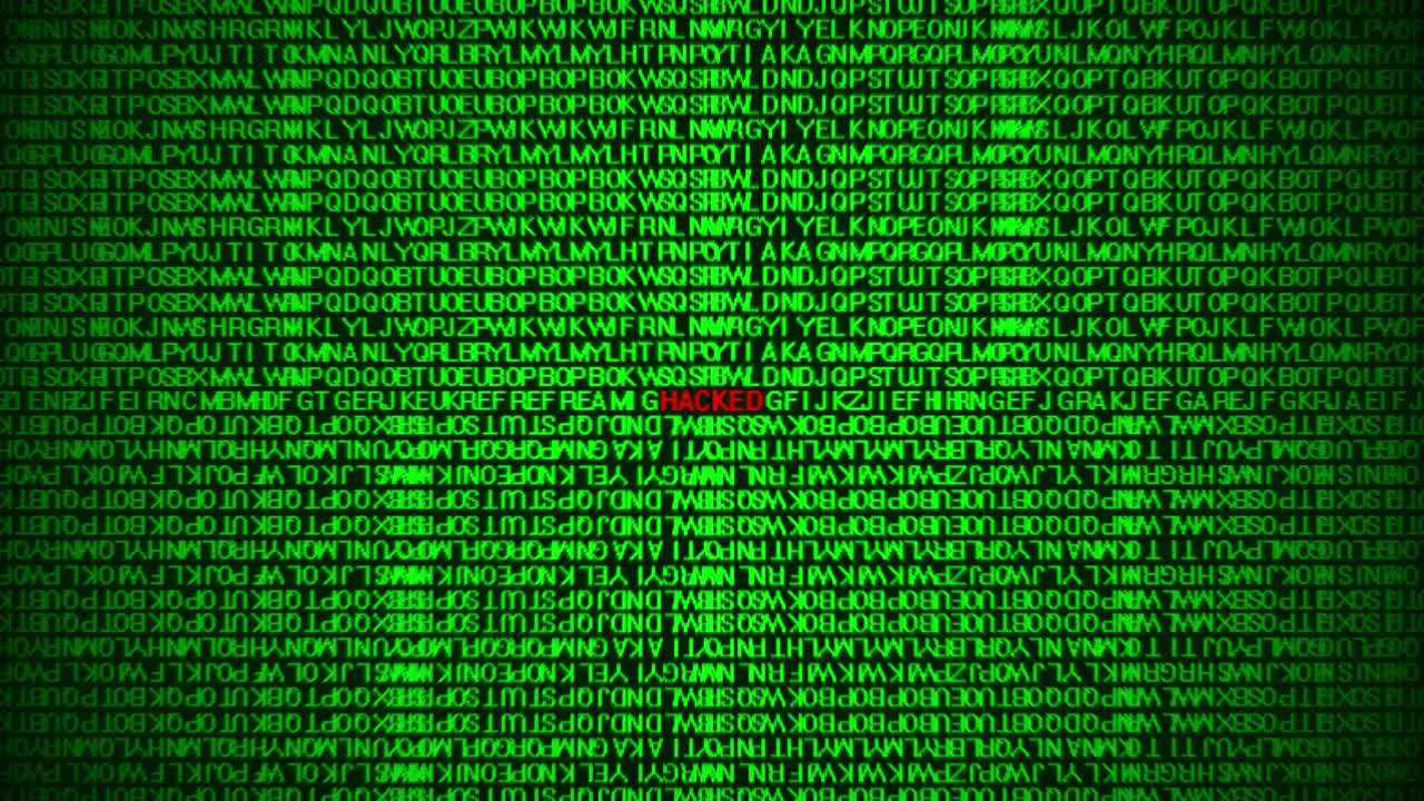 animación de código de datos que muestra un mensaje de peligro por piratería