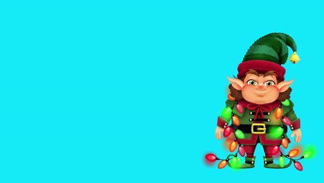 4k-Animated-illustration-of-happy-Christmas-elf-with-blinking-string-lights-waving-on-easy-to-replace-blue-screen-background