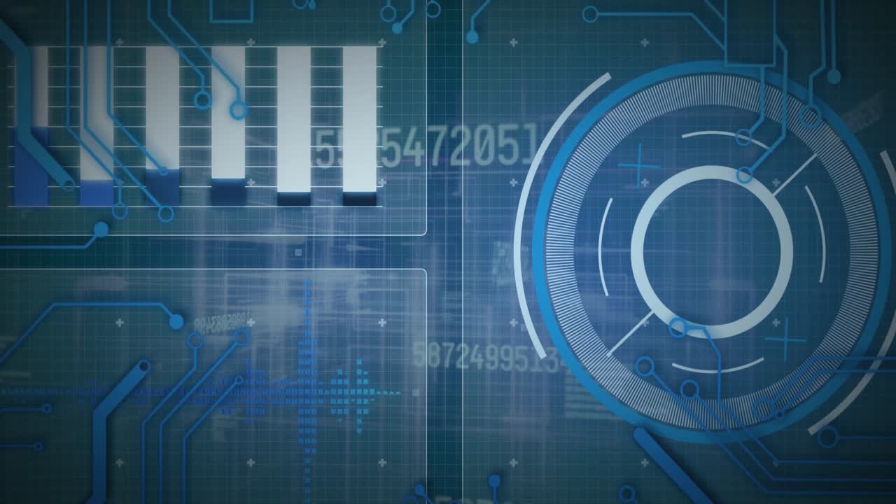 animación del procesamiento de datos, el escaneo de alcance y la placa de circuitos informáticos
