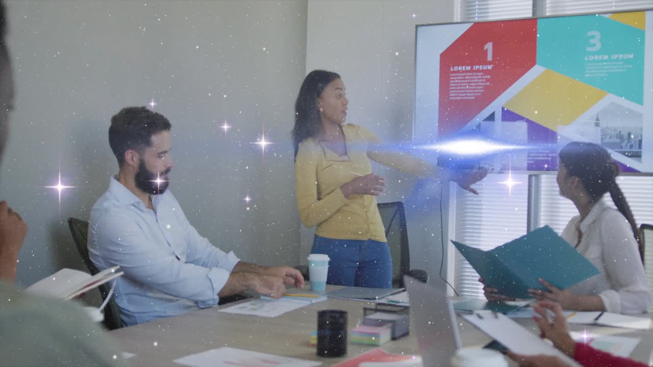 Woman starting business meeting, pointing at numbered slide, showing plan with sparkle flare