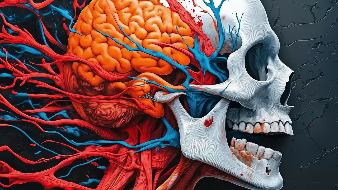 A skull with a brain and blood flowing out of it