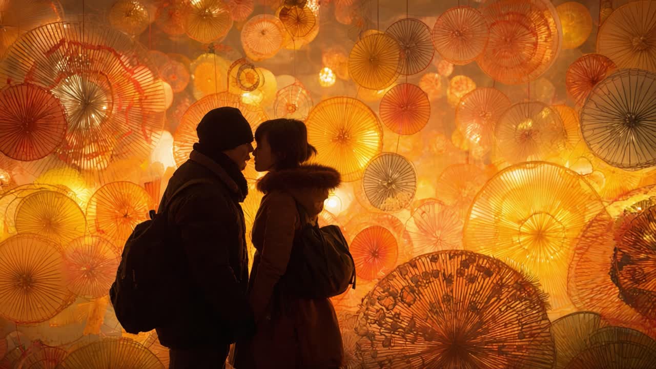 A Romantic Encounter: Two Silhouettes Share a Kiss Amidst a Stunning Display of Illuminated Umbrellas in a Dreamy Atmosphere