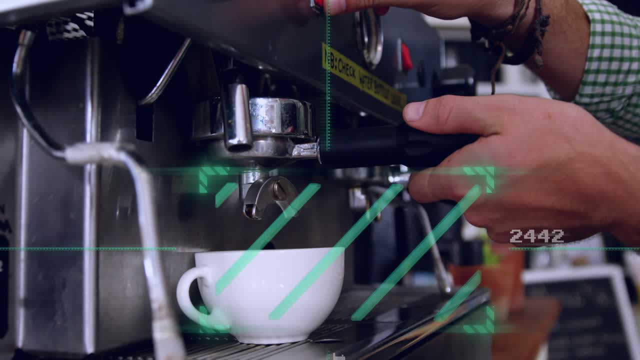 Barista hands approaching portafilter pressing lever overlay highlighting espresso brew zone