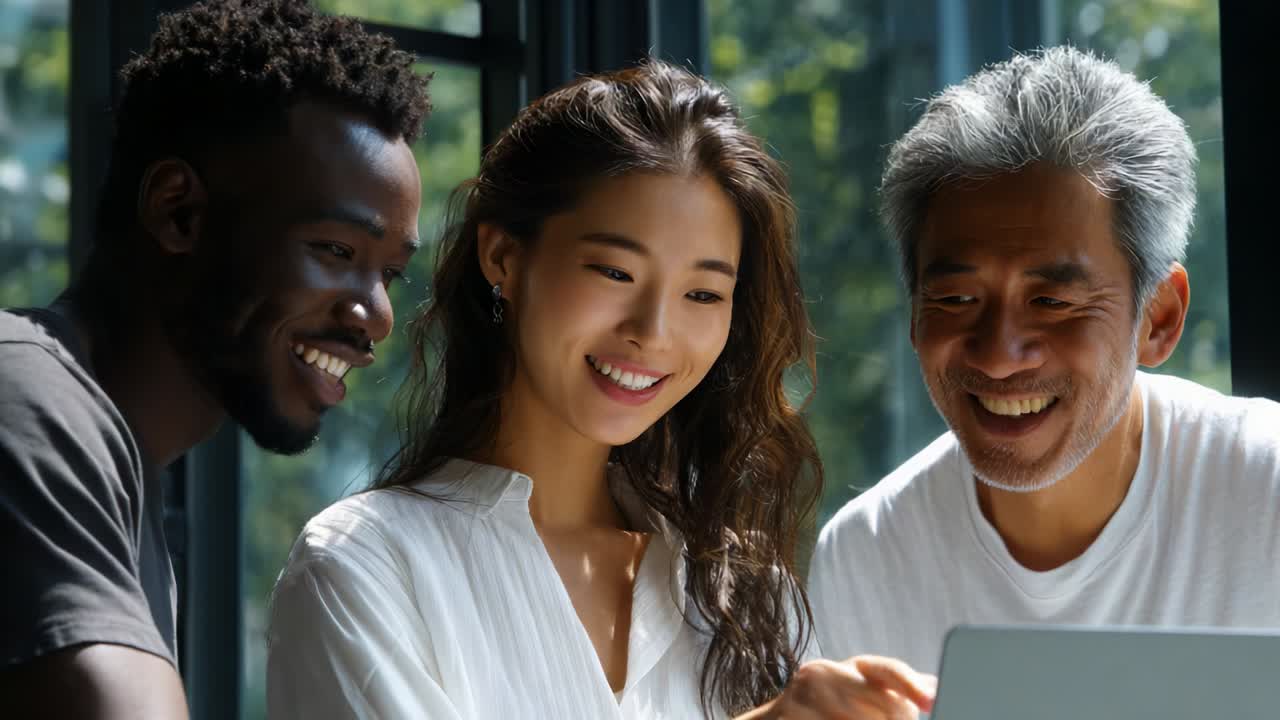 Three Individuals Engaged in a Collaborative Activity while Observing a Laptop Screen in a Bright, Modern Workspace, Featuring a Joyful Atmosphere and Productive Interaction