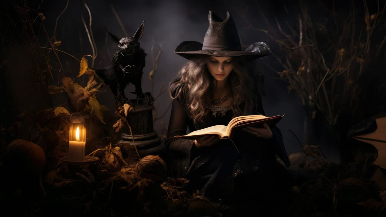 低いアングルで撮影された、ロウソクの明かりの下で魔女が読書をしている神秘的なシーン。
