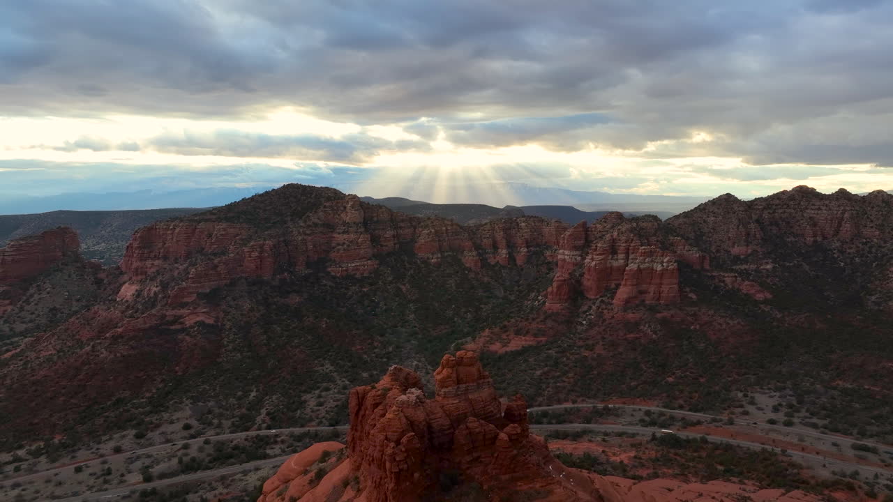 Sedona Red Rocks Under Cloudy Sky In Arizona, USA - Aerial Drone Shot