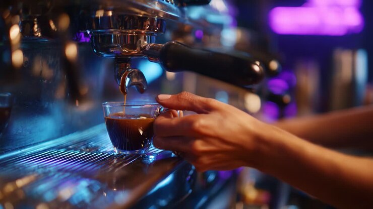Un barista esperto prepara un espresso perfetto con precisione e passione in un vivace bar, catturando l'arte di preparare un caffè eccellente