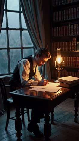 a man writing in a vintage library