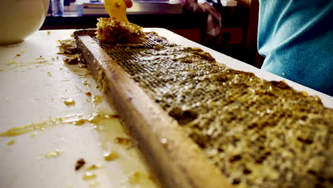 wax removed using uncapping fork to unseal honeycomb, close-up