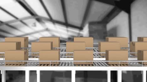 Animation-of-cardboard-boxes-moving-on-conveyor-belts-in-warehouse