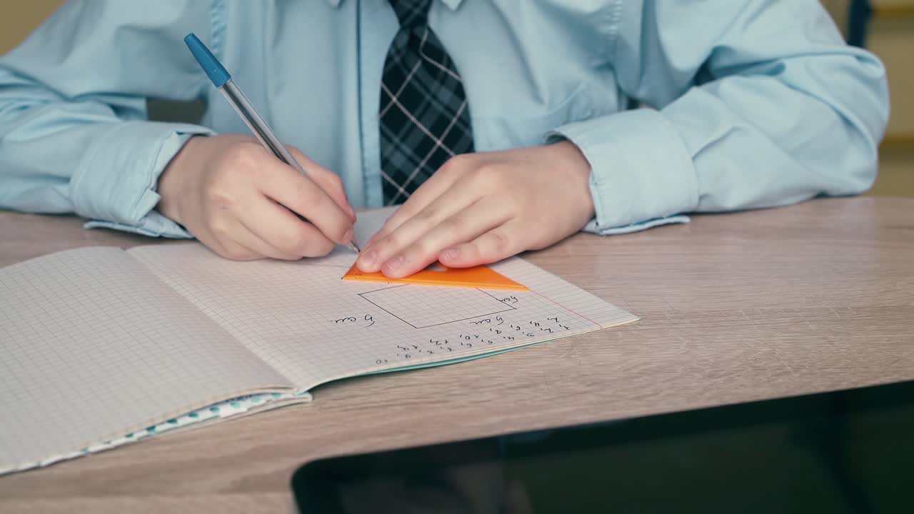 Primo piano ravvicinato con carrello: scolaro fa i compiti, scrive con la penna su un quaderno, usa una squadra; sul tavolo c'è un tablet