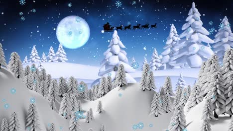 Animation-Des-Weihnachtsmanns-Im-Schlitten-Mit-Rentieren,-Schneefall,-Mond-Und-Weihnachtsdekorationen