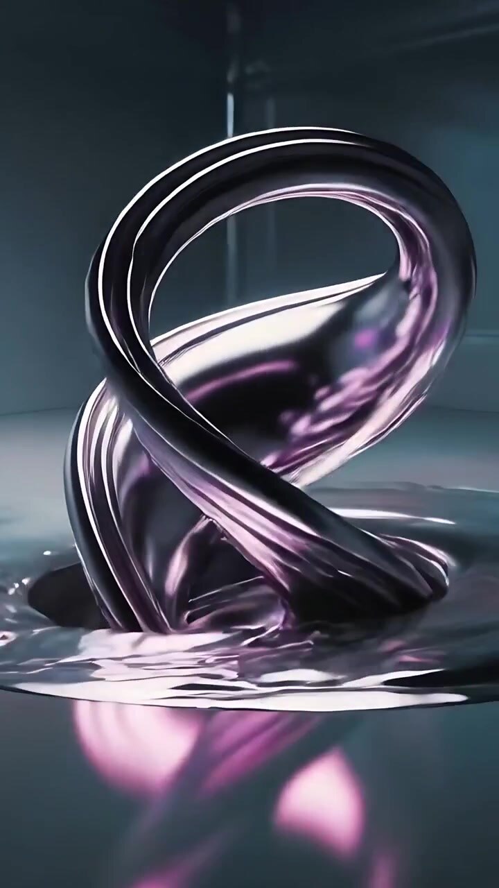 Vertical video: Emerging from center hole metal ribbon curling into loop and spreading over pool