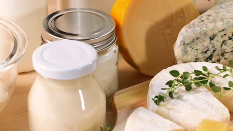 various dairy products and cheeses on display