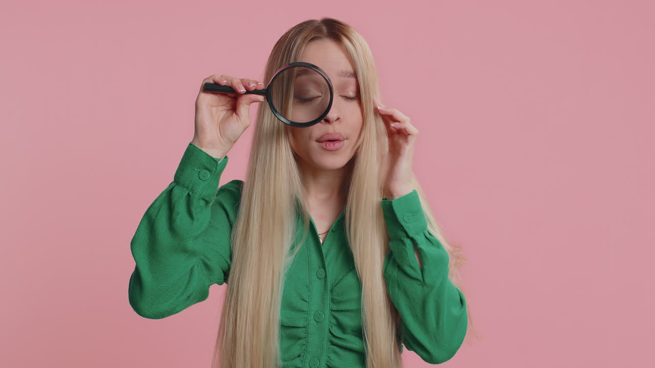 Investigator researcher woman with magnifying glass near face looking into camera with big zoom eye