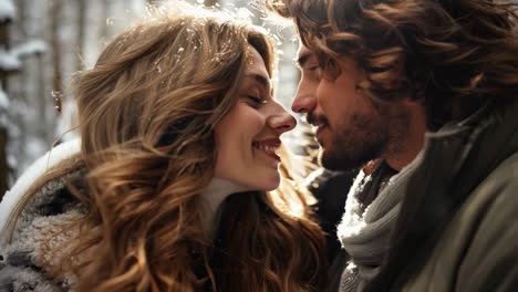 couple embracing in snowy forest during winter afternoon