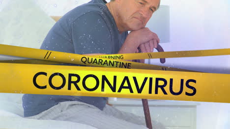 words warning, quarantine and coronavirus over a senior man in background. covid-19 spreading