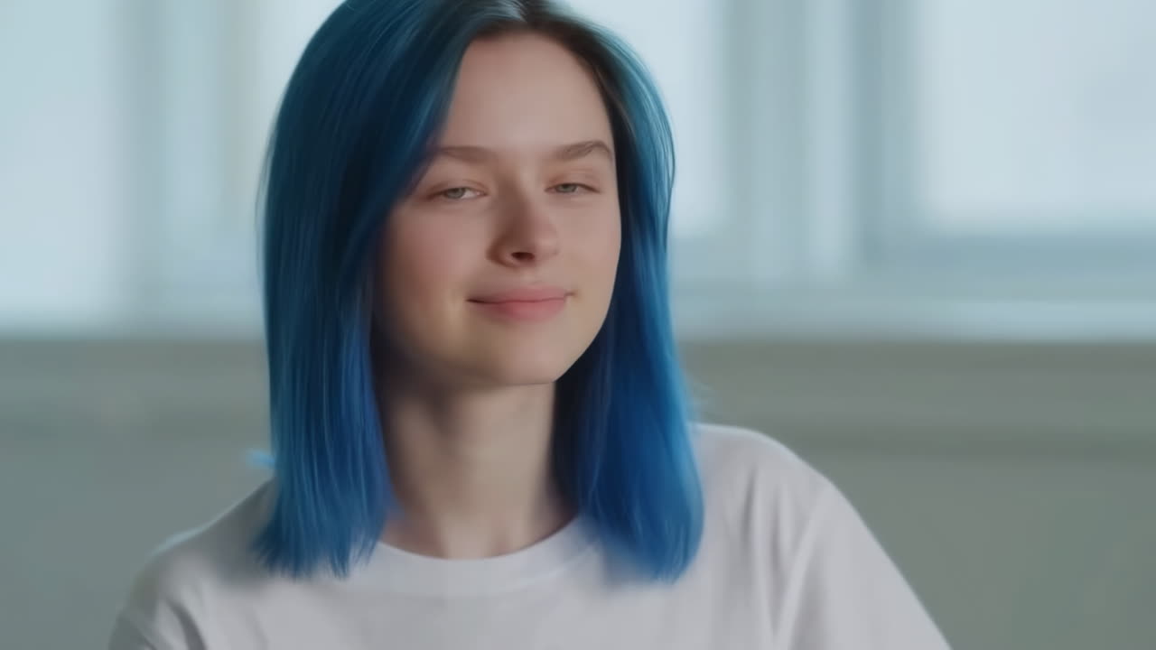 Giovane donna con i capelli blu che sorride alla macchina fotografica