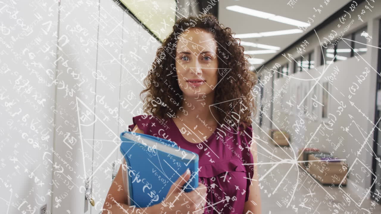 animación de ecuaciones matemáticas sobre maestra biracial con maletín