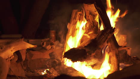 fuego de campamento ardiendo en una noche oscura espeluznante con cráneo animal, carro deslizante