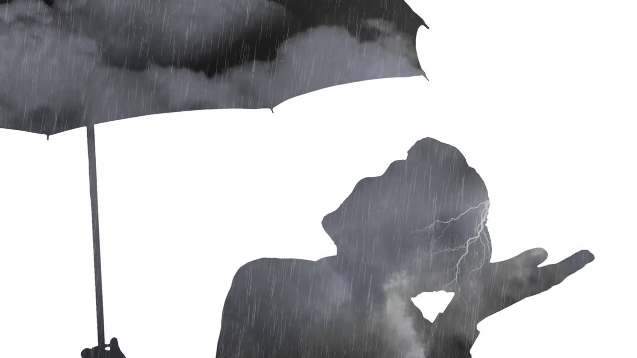 색 배경에 비를 확인하는 우산을 가진 사업가의 실루의 애니메이션