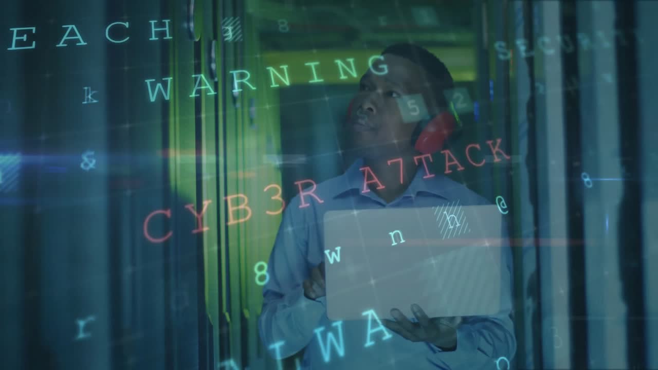 IT security engineer initiating scan on laptop and monitoring rising malware alerts in server aisle