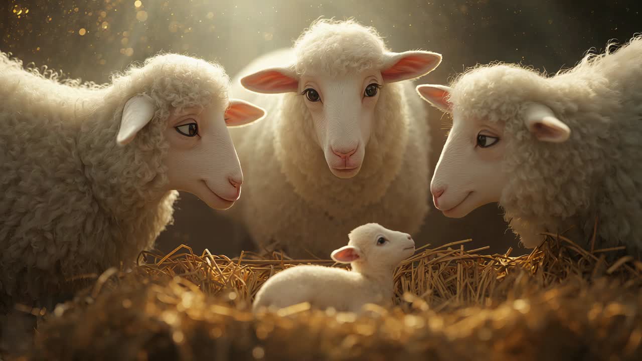 Newborn lamb lifting head toward adult sheep inside barn under sunbeam, with straw and dust motes