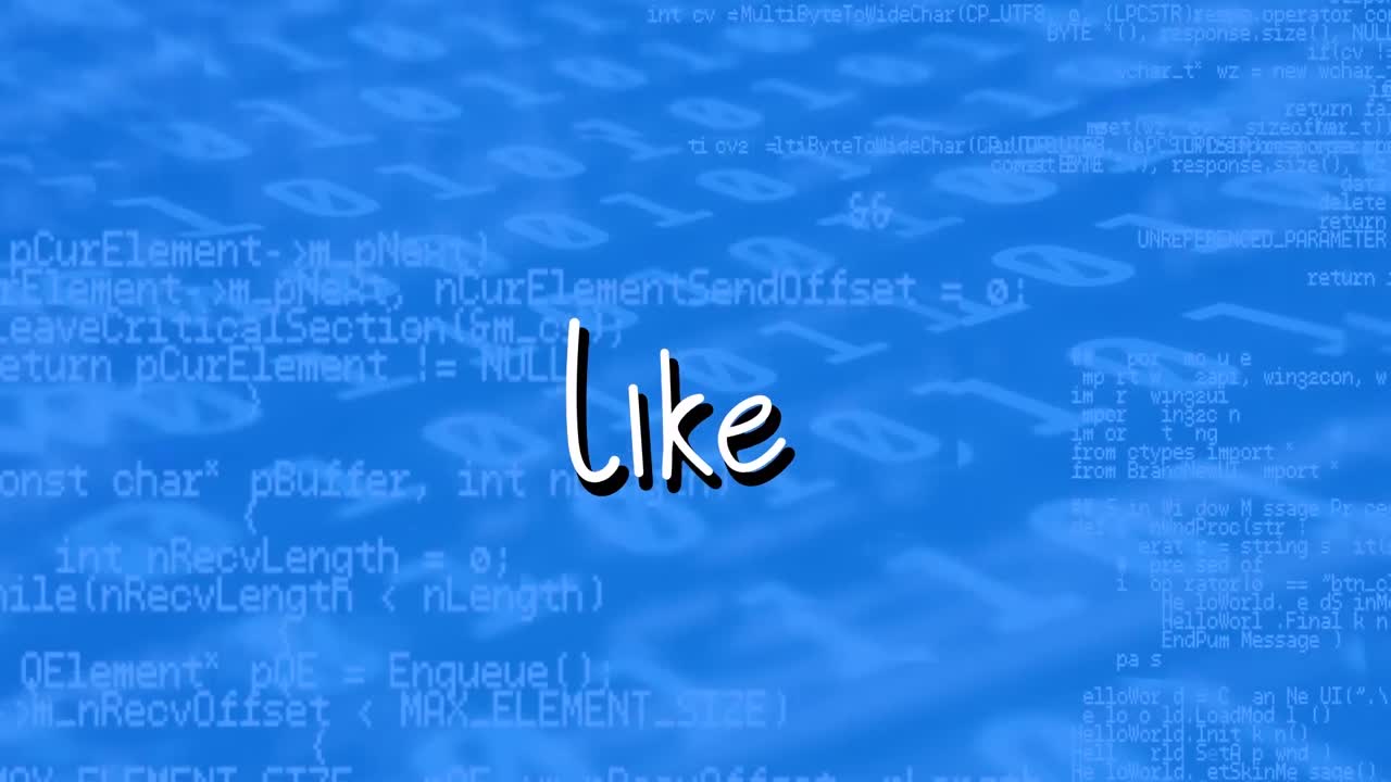 Animation of like text over data processing on blue background