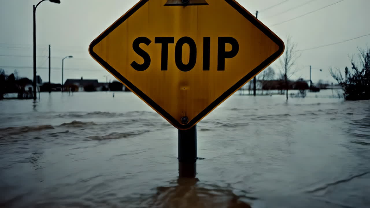 Flooded Street with Stop Sign