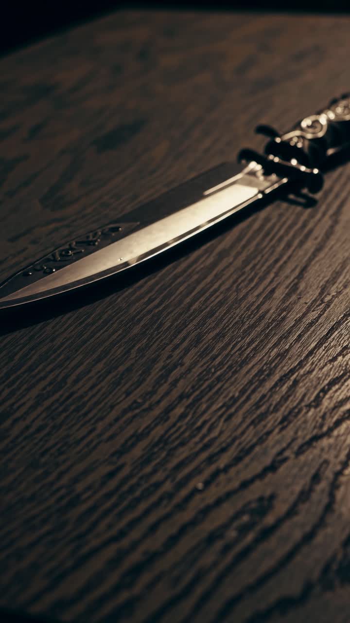A dramatic close-up of a knife on a wooden table, captured from a low angle