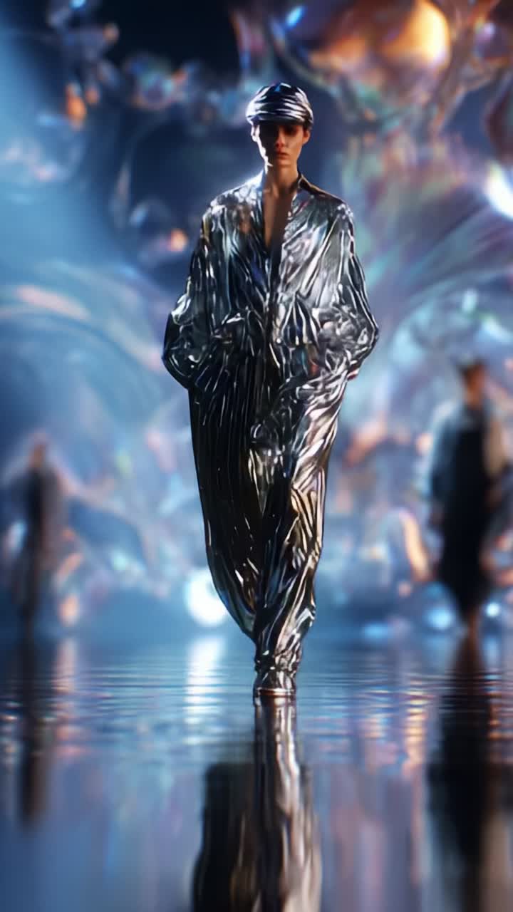 A mesmerizing fashion model in an eye-catching metallic outfit strolls confidently down a reflective runway illuminated by captivating futuristic lights and textures