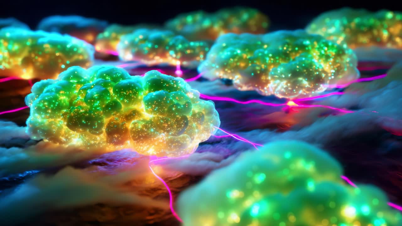 A Vibrant Digital Network of Neon Clouds Illuminated by Electric Connections, Capturing the Essence of Futuristic Technology and Connectivity in a Striking Visual Representation of Data Flow