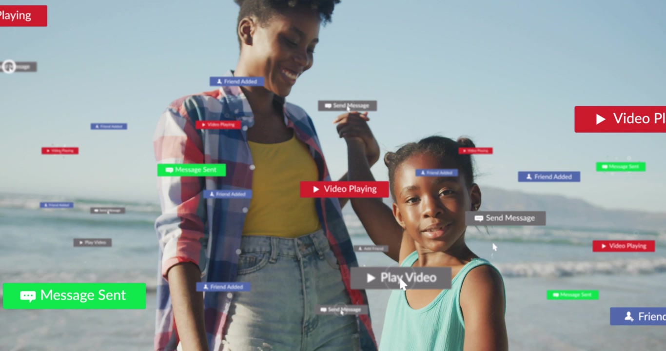 Vertical video: Walking woman in yellow holding child's hand at beach while UI badges appearing