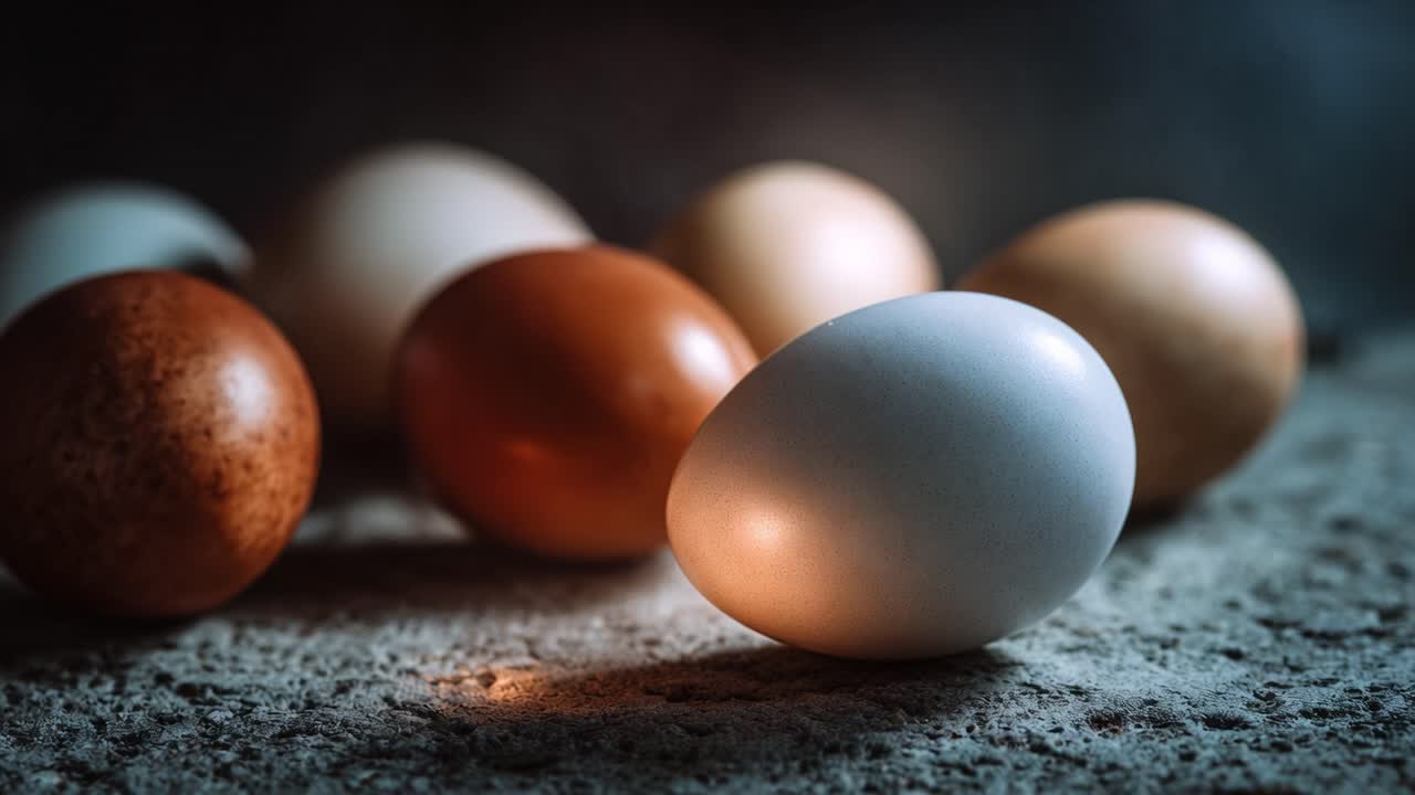 A Captivating Display of Diverse Eggs with Unique Textures and Colors, Highlighting Their Natural Beauty in a Softly Lit, Rustic Setting