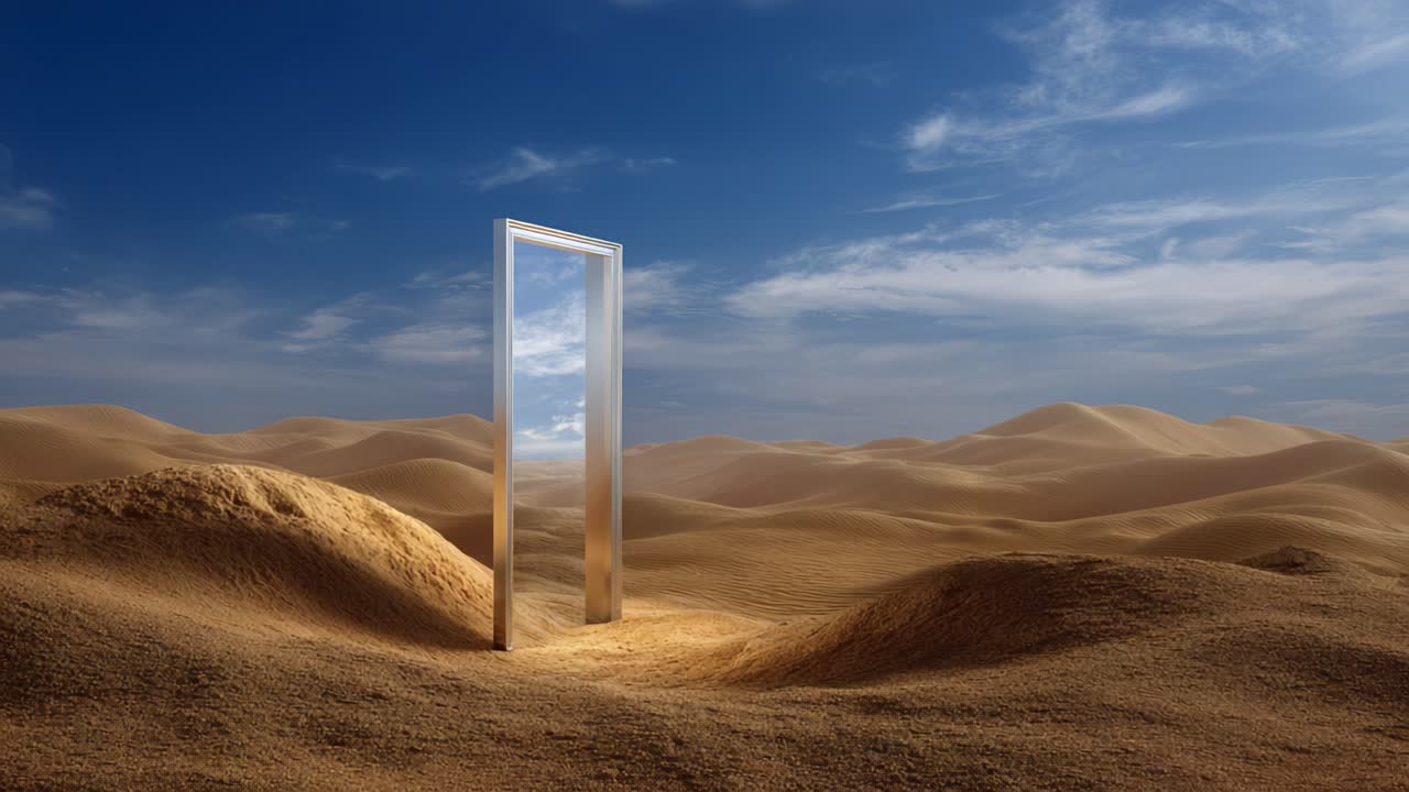 An Enigmatic Doorway Stands Alone in a Vast Desert Landscape, Inviting Curiosity and Imagination Amidst Rolling Sand Dunes and a Clear Blue Sky