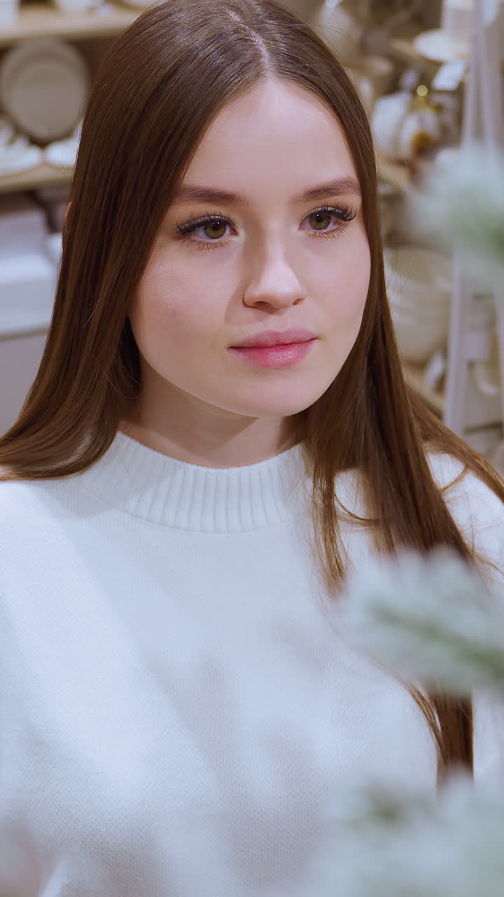 Lady standing in front of decorative plant, observing it thoughtfully with utensils displayed behind, creating a warm and peaceful shopping atmosphere in a well-lit home decor store
