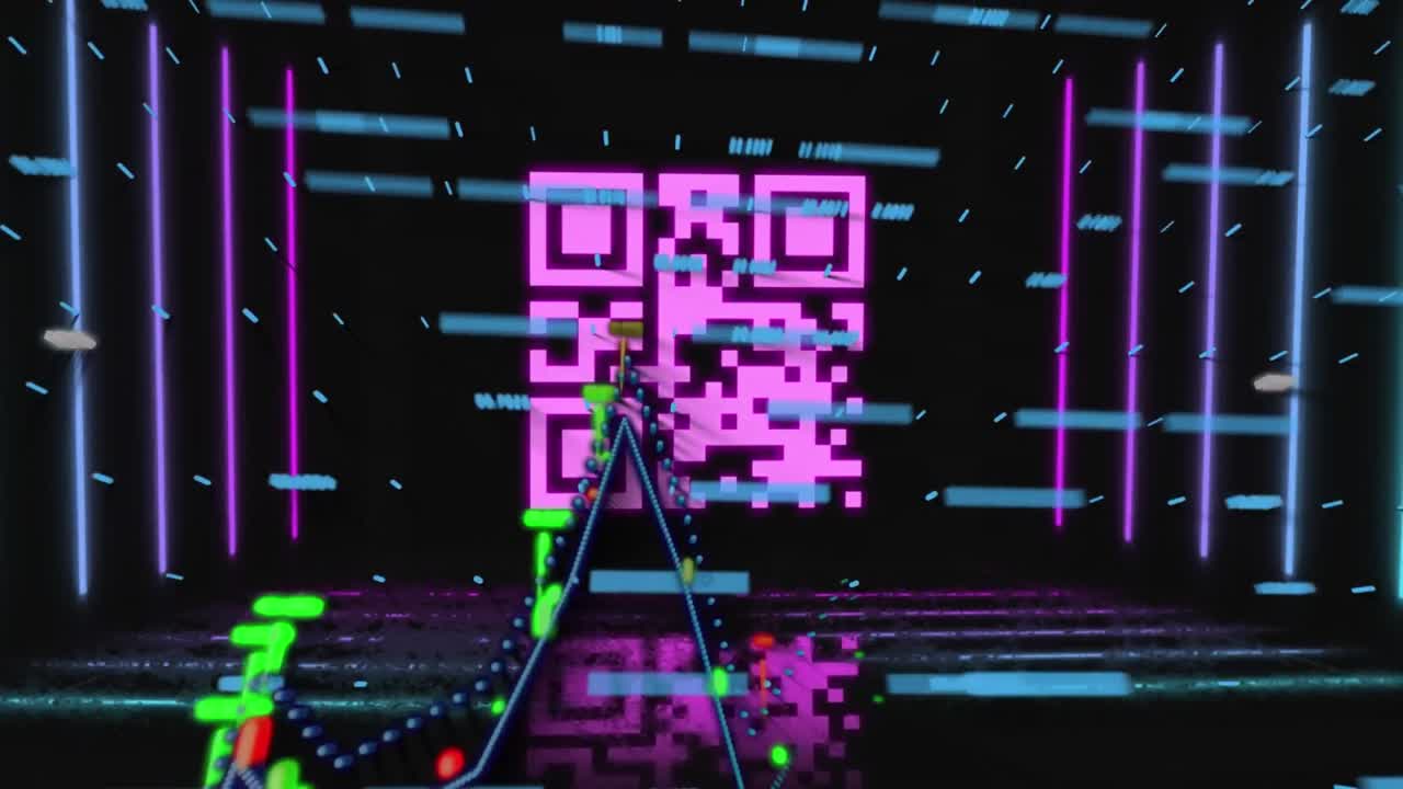 animación del procesamiento de datos financieros a través de un escáner de código qr de color rosa neón contra un fondo negro