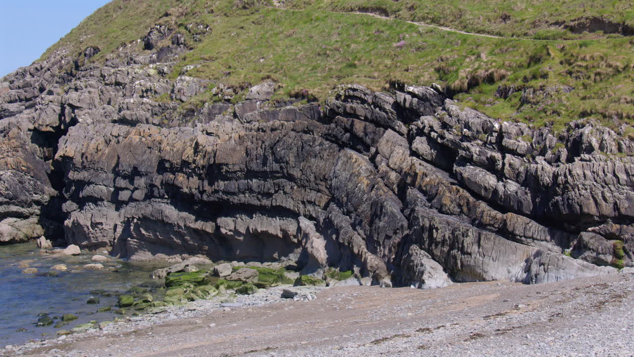 Wide Shot looking north east of rock formations at low tide on Cwmtydu beach