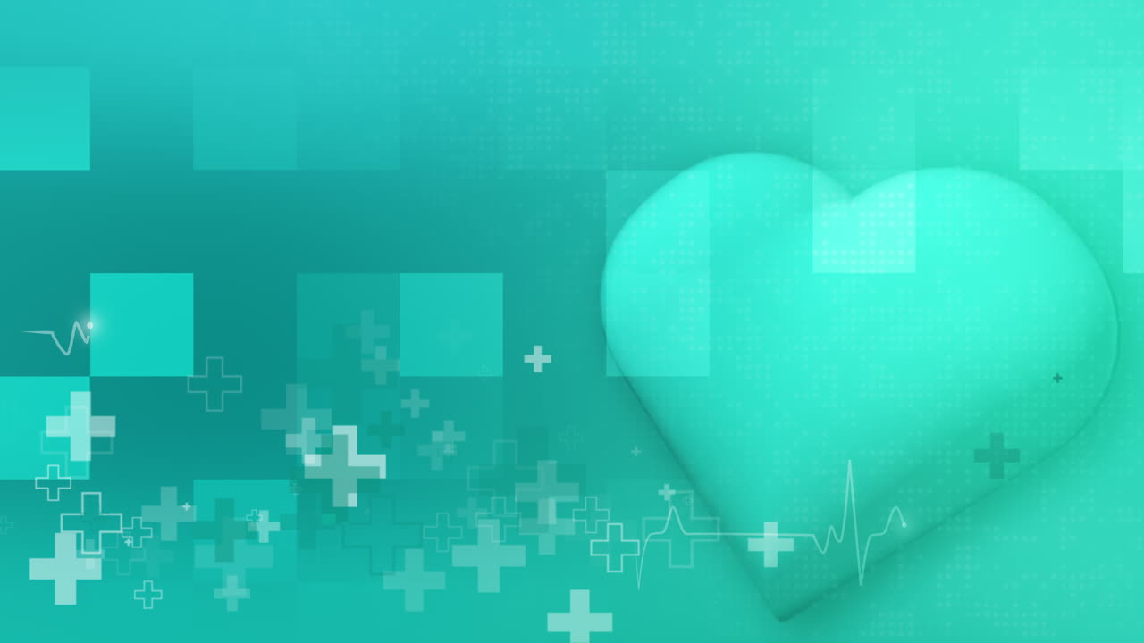 Turquoise hospital abstract background with medical symbols. Animation of geometric shapes with a large 3D heart. Looped motion graphics.