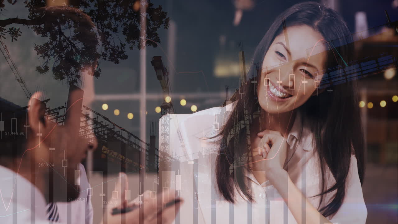 다양한 사업가들에 대한 금융 데이터 처리와 도시 풍경의 애니메이션