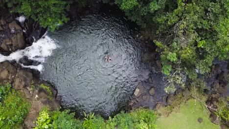 a couple enjoying their time together in a jungle swimming hole with a rushing waterfal in honolulu hawaii at ginger pond off the nu'uanu trail, aerial top down raise