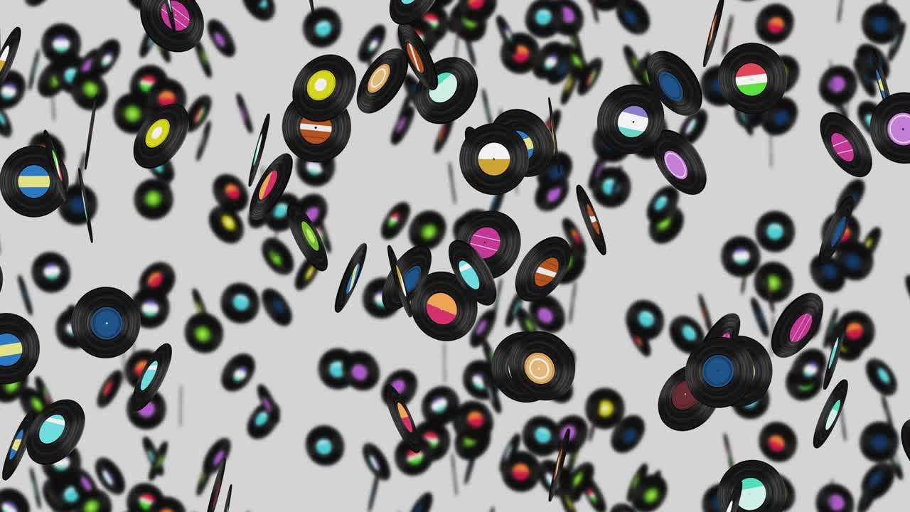 volando muchos discos de vinilo en fondo blanco. tecnología antigua. diseño retro. animación 3d de disco de música girando. animación de bucle.