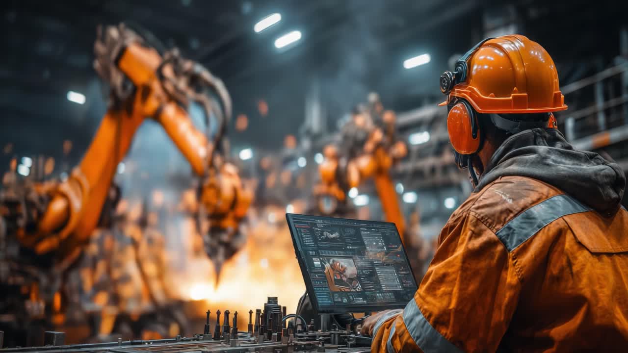 A Skilled Technician Overseeing Automated Robotics Operations in a High-Tech Manufacturing Facility, Engaged in Precision Engineering and Monitoring Systems on a Computer Screen