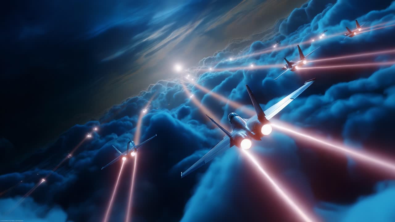 A breathtaking formation of fighter jets soaring through an ethereal sky filled with vibrant clouds and dazzling beams of light, creating a mesmerizing display of aerial agility and technological prowess, captured in stunning detail