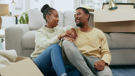 New-home,-talking-and-a-black-couple-planning