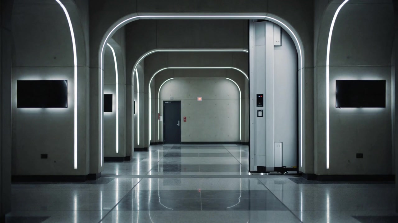 Il pannello destro di una porta scorrevole in metallo si ritrae in un corridoio sterile, un pannello di controllo si attiva rivelando l'uscita.