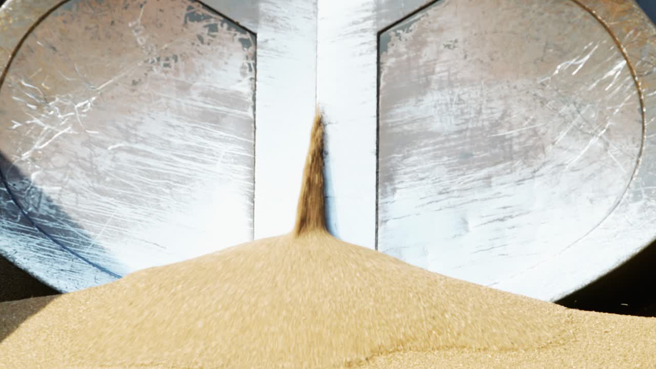 Close up of terminal crane handling dry cargo grain in bright industrial setting