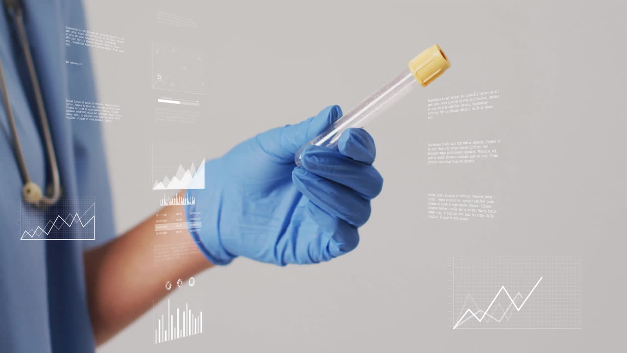 sosteniendo el tubo de ensayo, mano con guante con animación de análisis de datos científicos