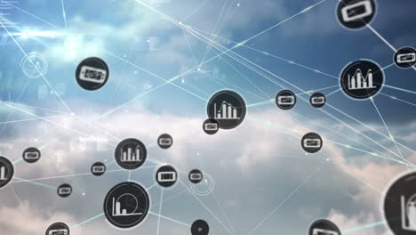 animation of network of connections with icons over sky with clouds