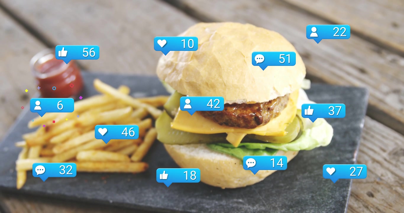 Post going live, notification bubbles multiplying around burger and fries, boosting food marketing